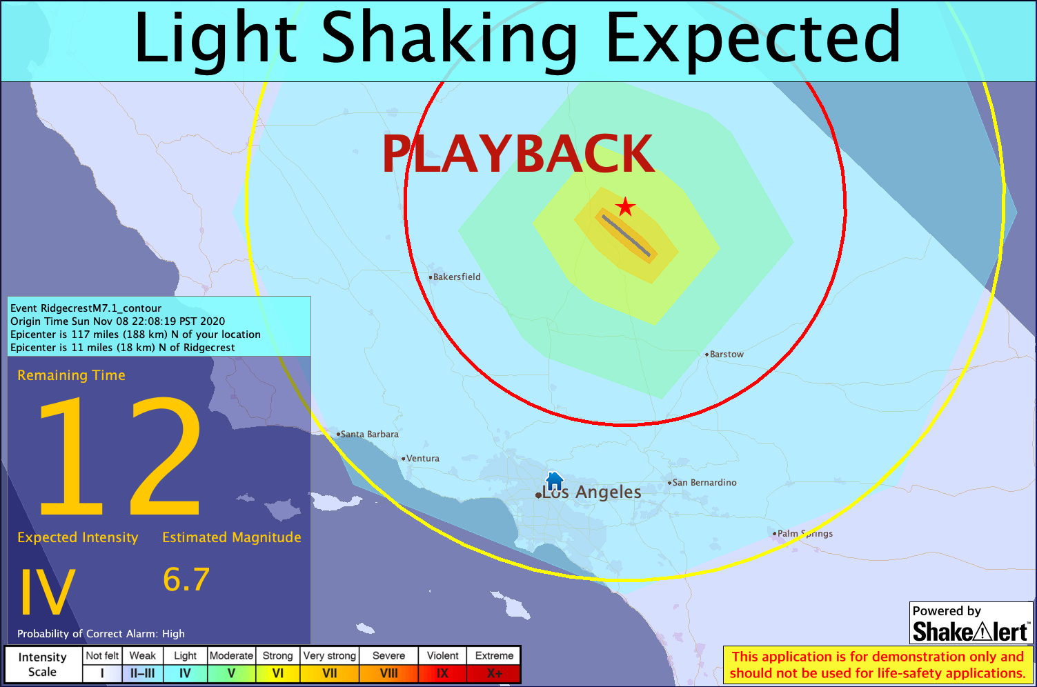 EEW Display showing simulated real-time playback of the 2019 M7.1 Ridgecrest earthquake