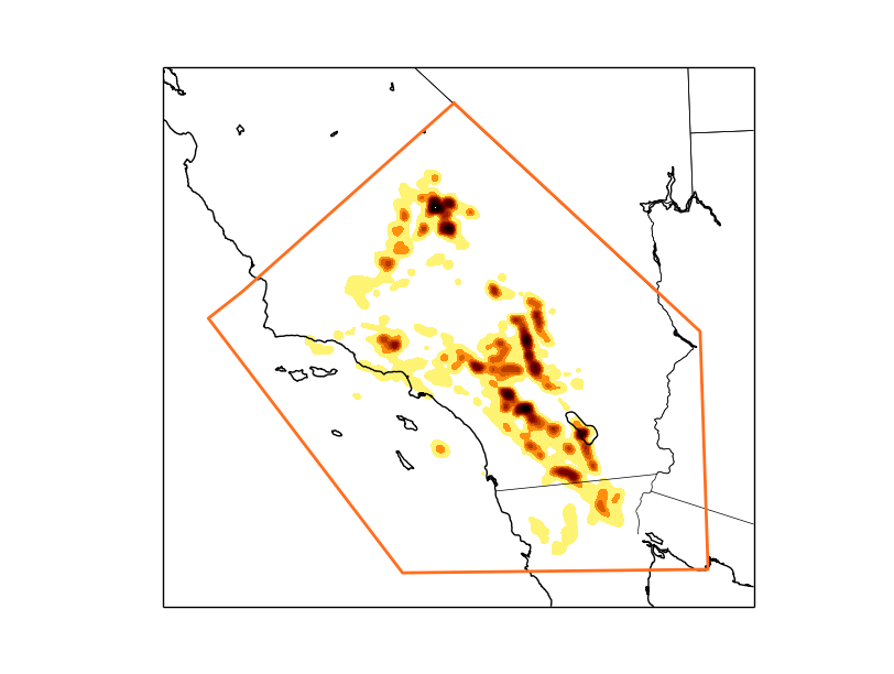 Event density map for all events recorded by SCSN from 1932 to present.